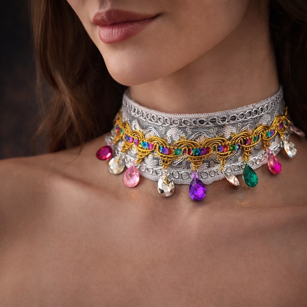 Artisan Jewelry Hand Crafted Gem Lace Choker Necklace Silver & Gold Boho 13-16